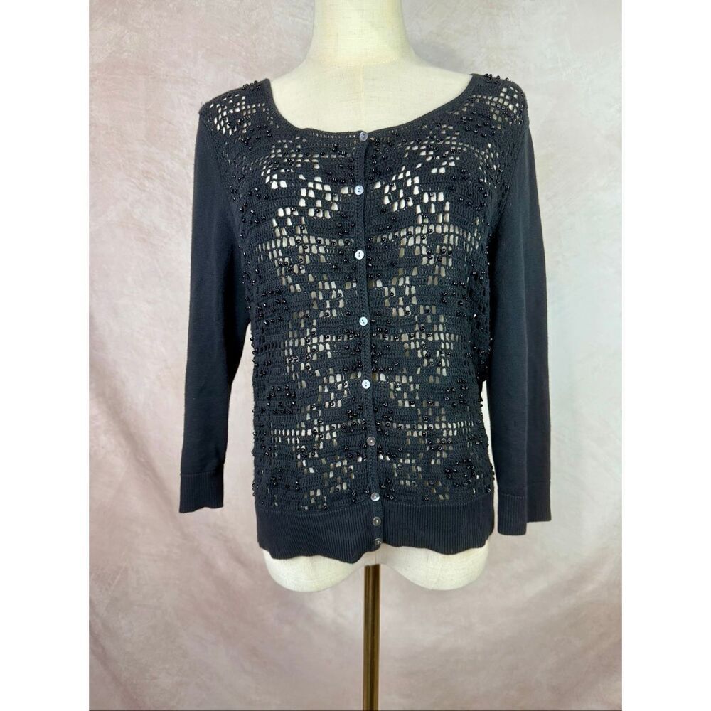 Belford Cardigan 100% Pima Cotton Beaded Front Size Medium Classy Preppy